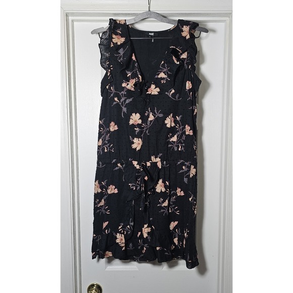 PAIGE Dresses & Skirts - Paige Ruffle Floral Dress Size Medium Black Striped‎ Embroidered Dots Lined
